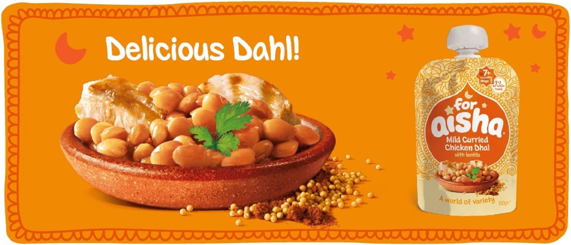 For Aisha Mild Curried Chicken Dhal with Lentils Baby Food 7+ Months, 130g