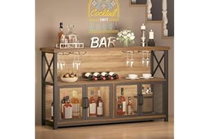 LVB Wine Bar Cabinet, Industrial Sideboard Buffet/Coffee Bar Cabinet for Liquor and Glasses, Farmhouse Metal Wood Rack Cabinet for Home Living Dining Room Kitchen, Rustic Oak, 47 Inch