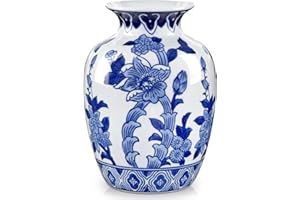 Blue and White Ceramic Vase, 8.4" Tall Chinoiserie Flower Vase Decor with Wide Mouth, Decorative Porcelain Vases for Centerpi