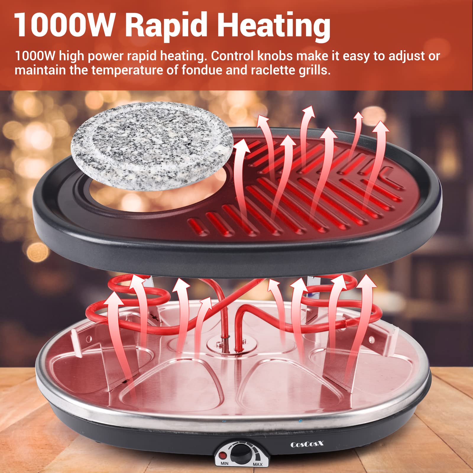 CosCosX Fondue Pot Set, Electric Fondue Pot Sets with BBQ Grill, Portable Korean BBQ Grill with Raclette Grill Plate, 8 Fondue Forks, 8 Small Nonstick Pans Temperature Control for 8 People Parties