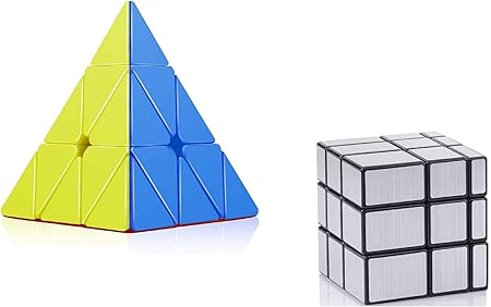 TEMSON Babytintin High Speed Stickerless Pyraminx and Mirror Magic Silver Colors 3D Rubik Cube Puzzle -Combo Set of 2