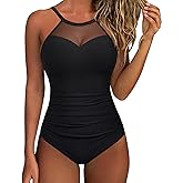 SUUKSESS Women Tummy Control One Piece Swimsuit Sexy Mesh High Neck Bathing Suit