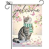 BlissYard Welcome Spring Garden Flag 12x18 Inch Double Sided Cat Cherry Blossoms Seasonal Small Flags For Outside Outdoor Decor Yard Farmhouse Holiday Spring Summer Decorations Yard Flags