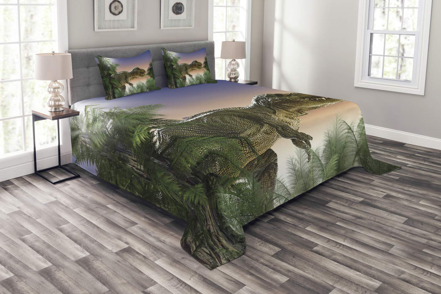 ABAKUHAUS Jurassic Bedspread Set, Dinosaur in the Jungle, Decorative Quilted 3 Piece Coverlet Set with 2 Pillow Shams, Blue Peach