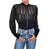 WDIRARA Women's Contrast Mesh Zip Up Bomber Jacket Lantern Long Sleeve Baseball Collar Outwear Crop Jacket