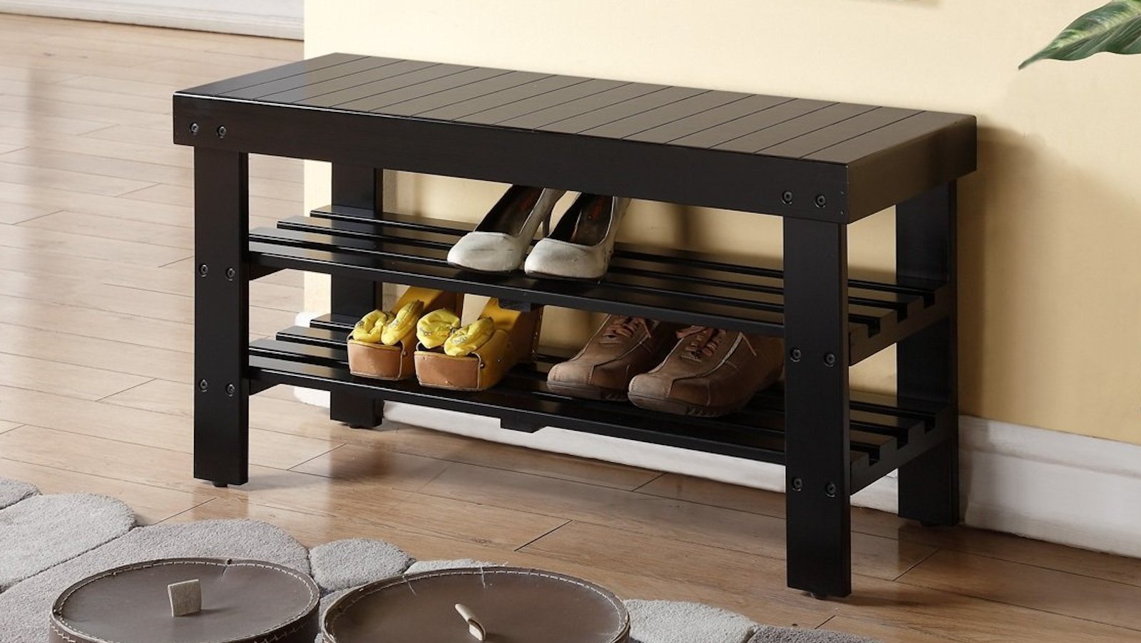 Legacy Decor 2 Tiers Wooden Shoe Bench Rack in Black Finish LAVORIST