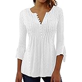 Womens Tops Dressy Casual Pleated Button Neck Summer Blouses 3/4 Flared Sleeve Fall Shirts