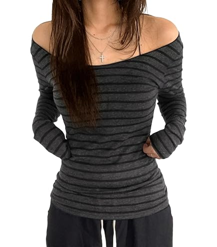 Women Striped Long Sleeve Grunge Shirt Tops Off The Shoulder Y2K