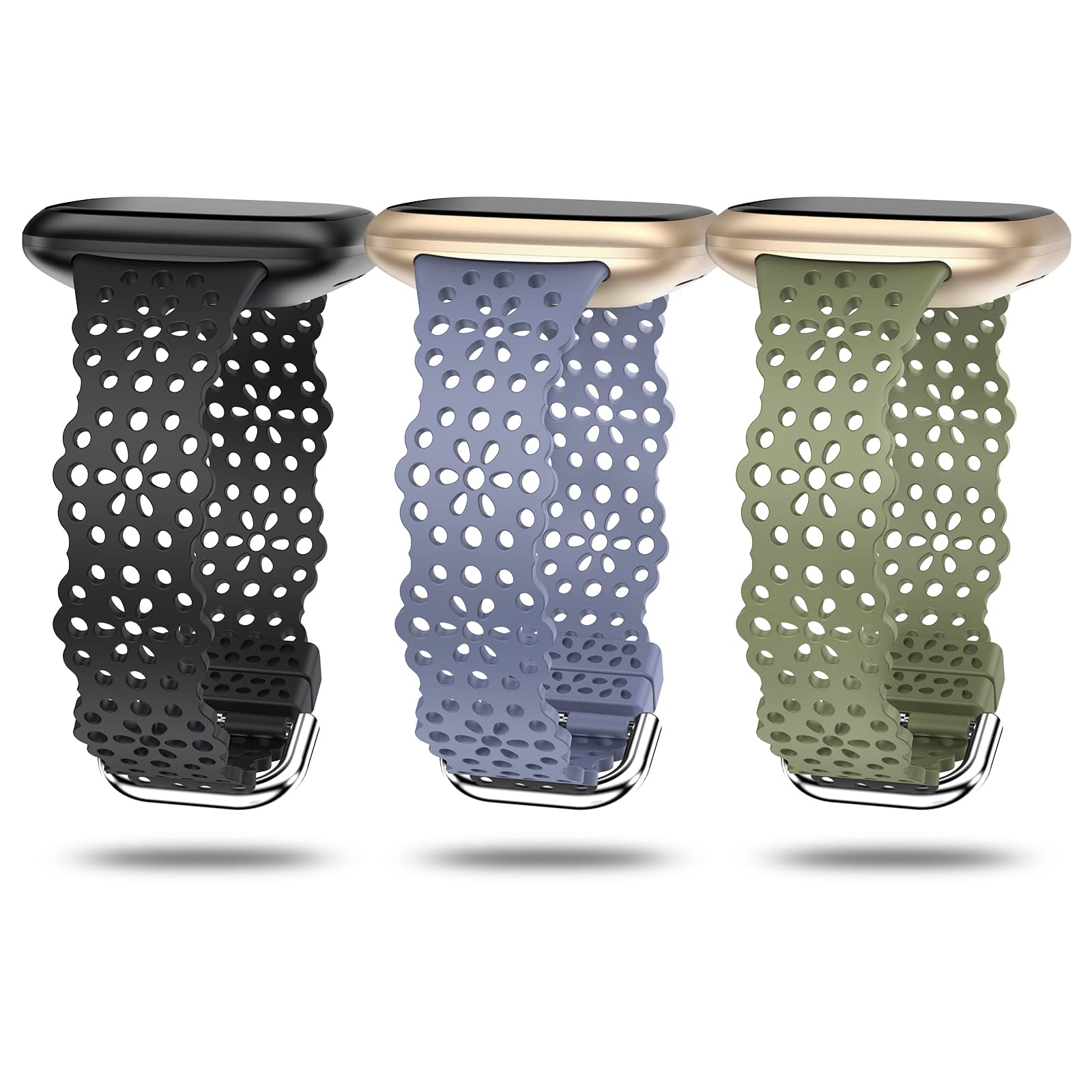 TOYOUTHS 3 Pack Lace Silicone Straps Compatible with Fitbit Versa 3/Sense/Versa 4/Sense 2, Women Slim Cute Hollow-Out Sport Replacement Strap, Breathable Waterproof Soft Straps, Black+Blue+Green