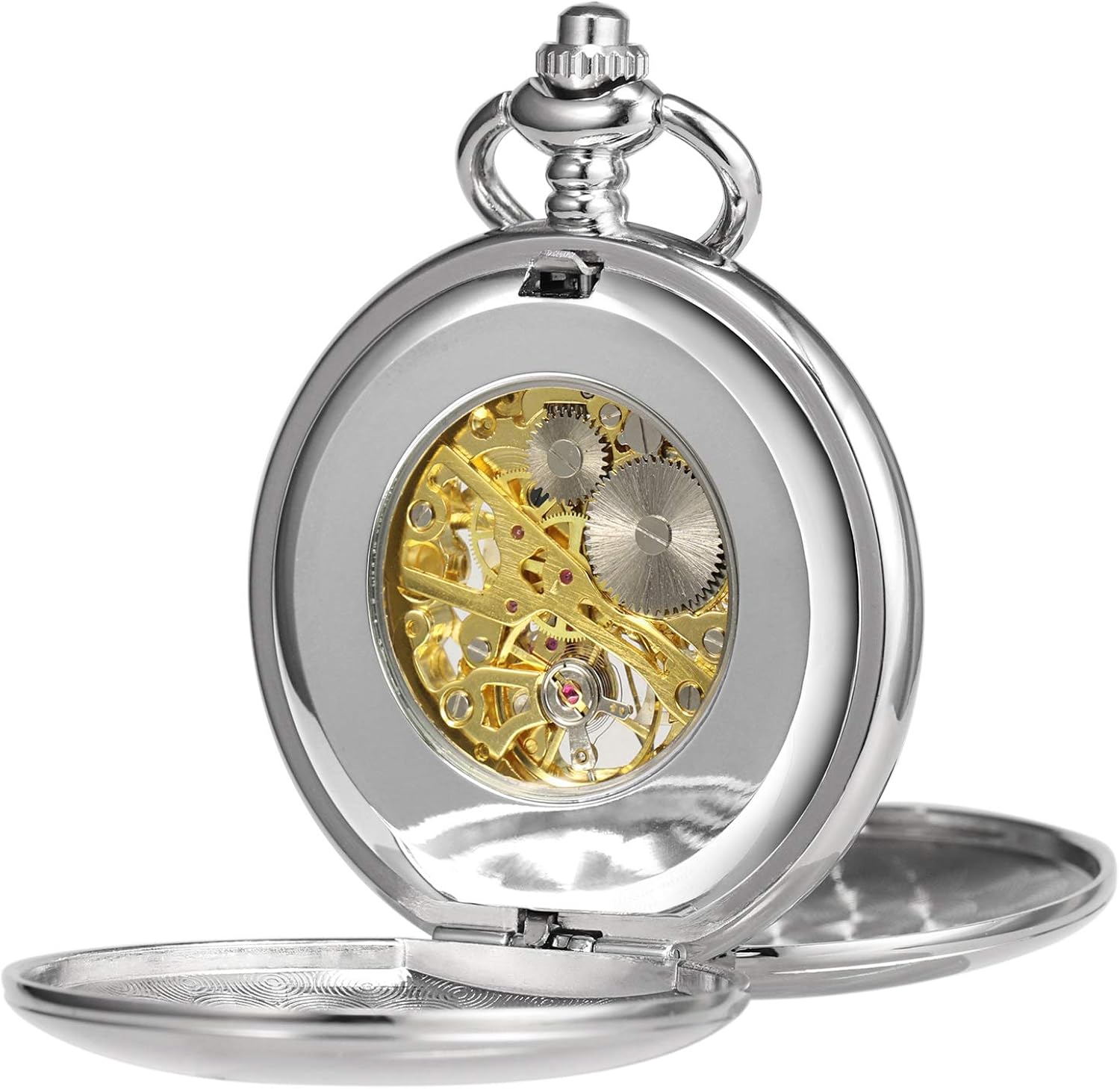 TREEWETO Pocket Watch Classic Smooth Double Case Mechanical Pocket Watches Steampunk Roman Numerals Fob Watch for Men Women with Chain + Gift Box - Image 5