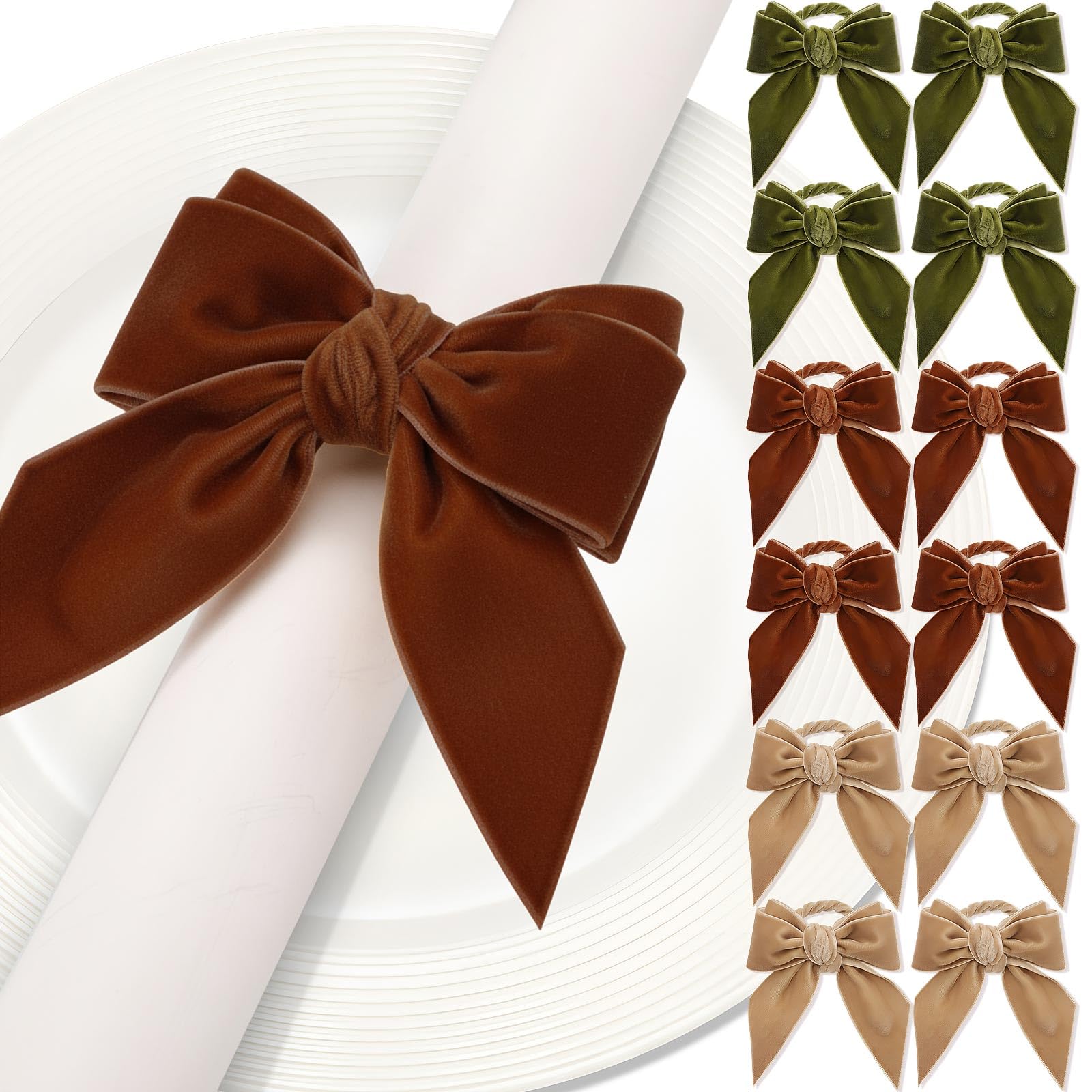 Photo 1 of WILLBOND 12 Pack Velvet Bow Napkin Rings, Christmas Bowknot Napkin Holder Ring Dining Table Decor for Xmas Dinner Parties Holiday Wedding Home Table Setting(Brown, Green, Beige)