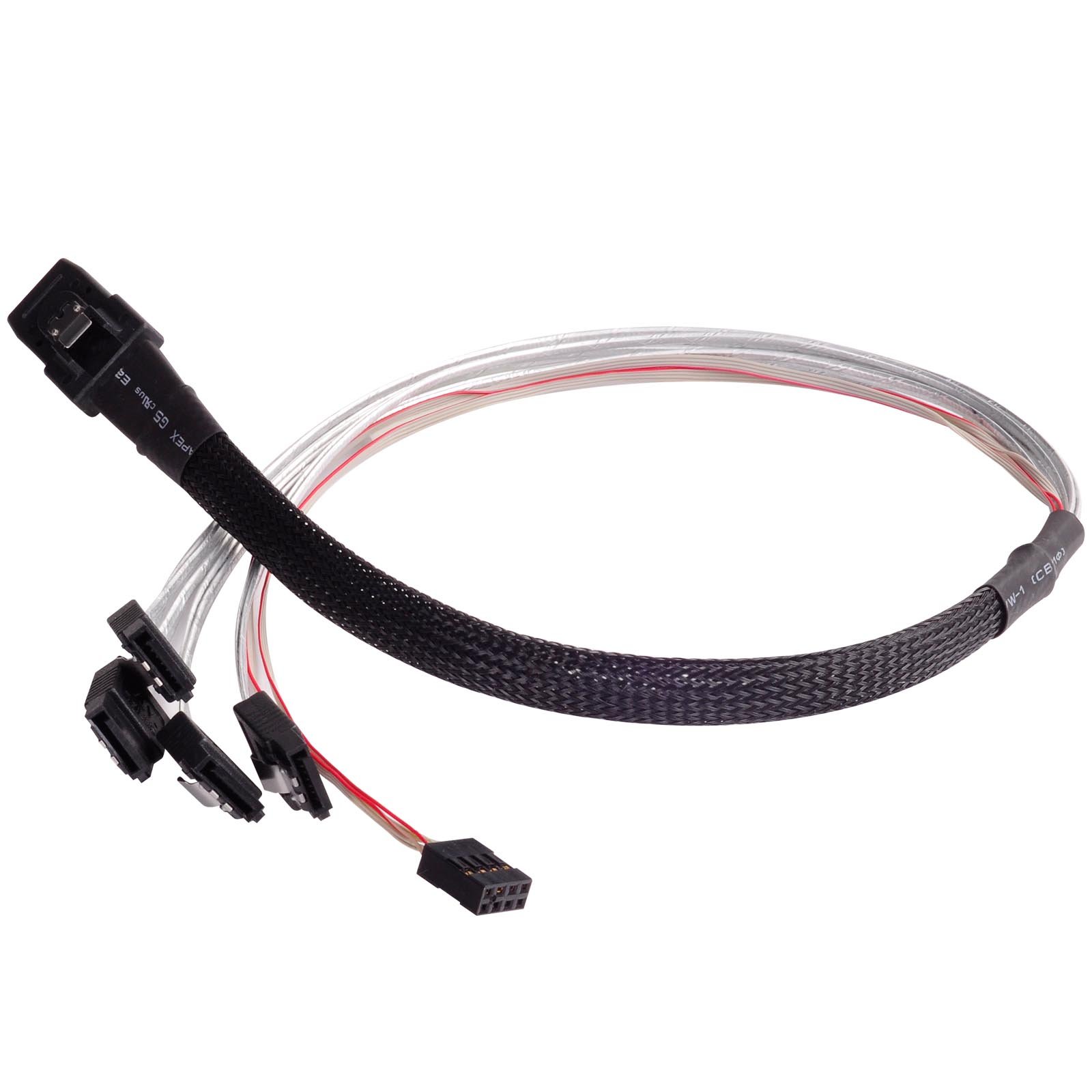 SilverStone SST-CPS03 - Internal Mini SAS SFF8087 36pin to 4 SATA 7pin Thick Shielded Cable (with Sideband), Mini SAS Host/Controller to 4 SATA Target/Backplane, 0.5M — image 1