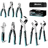 DURATECH 8-Piece Pliers Set with Rolling Pouch, Premium Cr-V/Cr-Ni Construction, (12", 10", 8" Groove Joint Pliers, 8" Adjustable Wrench, 8" Linesman, 6" Long Needle Nose, 6" Slip Joint, 6" Diagonal)