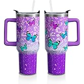 Sabobo Butterfly Gifts 40 Oz Tumbler with Handle and Lid Straw, Glitter Aesthetic Stainless Steel Double Walled Vacuum Insulated Cup, Butterfly Lover Birthday Gifts for Women Girls (1 PC)