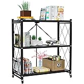 Lifetime Home 3-Tier Foldable Storage Shelf with Wheels - Metal Rack Collapsible Shelving Unit Display, Rolling Cart for Books Kitchen Storage Shelves, Pantry & Closet Organizer, Office Room Decor