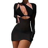Lilosy Sexy Long Sleeve One Shoulder Bikini Fishnet Beach Swim Cover Up Dress