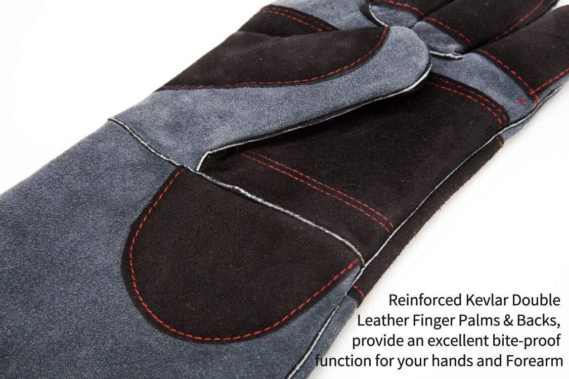 RAPICCA Animal Handling Gloves Bite Proof Kevlar Reinforced Leather Padding Dog, Cat Scratch, Bird Handling Falcon Gloves Grabbing, Reptile Squirrel Snake Bite 16in Grey-Black - - 