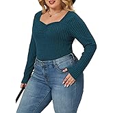 VISLILY Womens-Plus-Size-Tops Cute Sweetheart Neck Shirts Lightweight Long Sleeve Sweaters Trendy Ribbed Knit Tunic Blouses