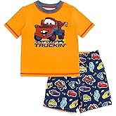 Disney Cars UPF 50+ Rash Guard Shirt and Swim Trunks Outfit Set Toddler to Little Kid Sizes (2T - 7-8)