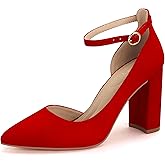 Women's Closed Toe Pumps 3-Inch Chunky Heels Pumps Ankle Strap Dress Wedding Shoes，Red Su-6.5
