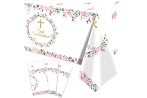 Pedenty 3-Piece 54 x 108 Inch First Communion Plastic Tablecloth – Floral Cross Disposable Rectangle Table Covers for First C