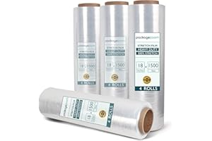 PackageZoom 4 Rolls 18” x 1500ft Heavy Duty Stretch Wrap Film – 55 Gauge Clear Plastic Pallet Wrap Roll for Moving, Packing, Shipping & Storage – Industrial Shrink Film Replaces 80 Gauge Wrap