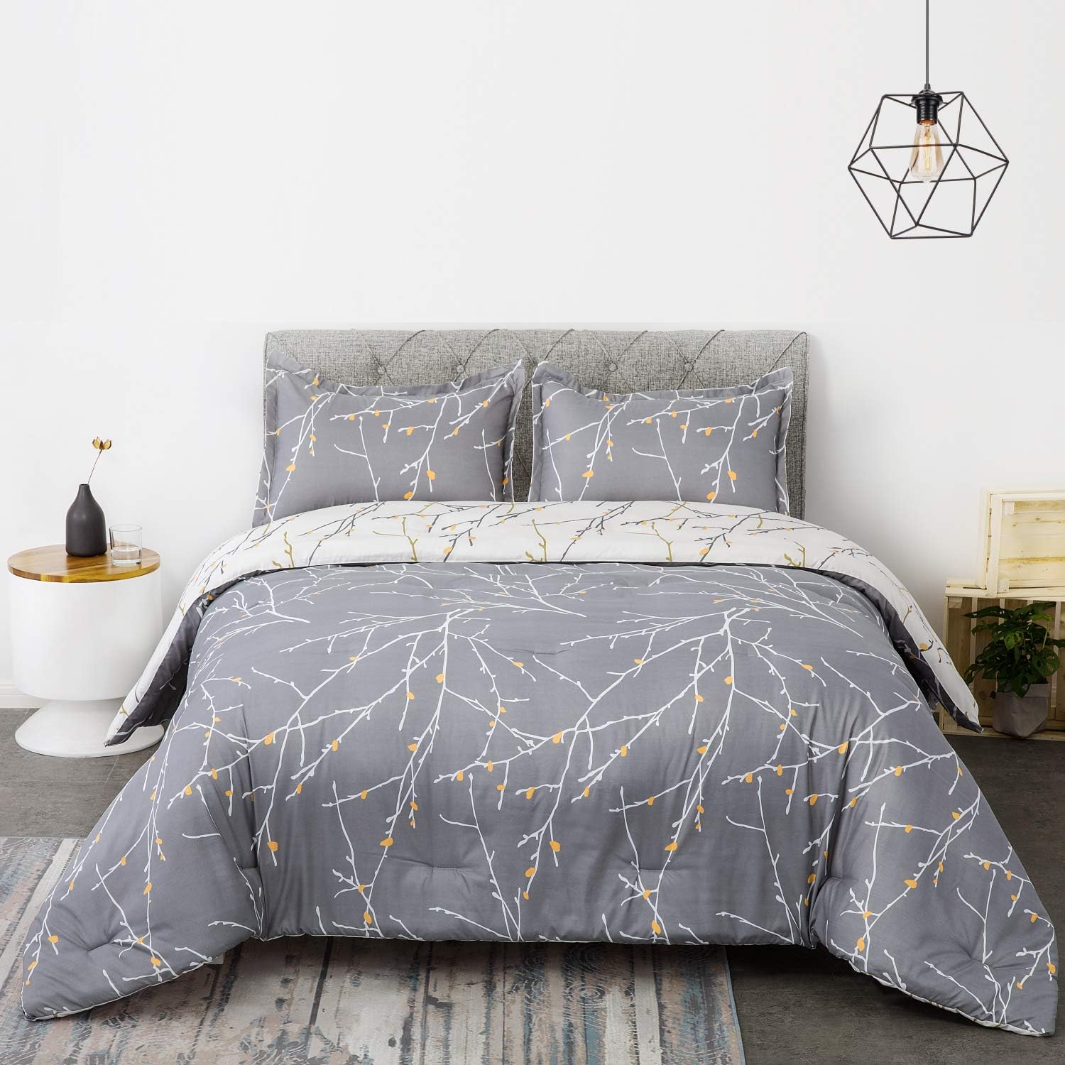 Bedsure Comforter Set King Size, Reversible Down Alternative Comforter Microfiber Duvet Sets (1 Comforter + 2 Pillow Shams), Tree Branch Floral, Grey&Ivory: Home & Kitchen