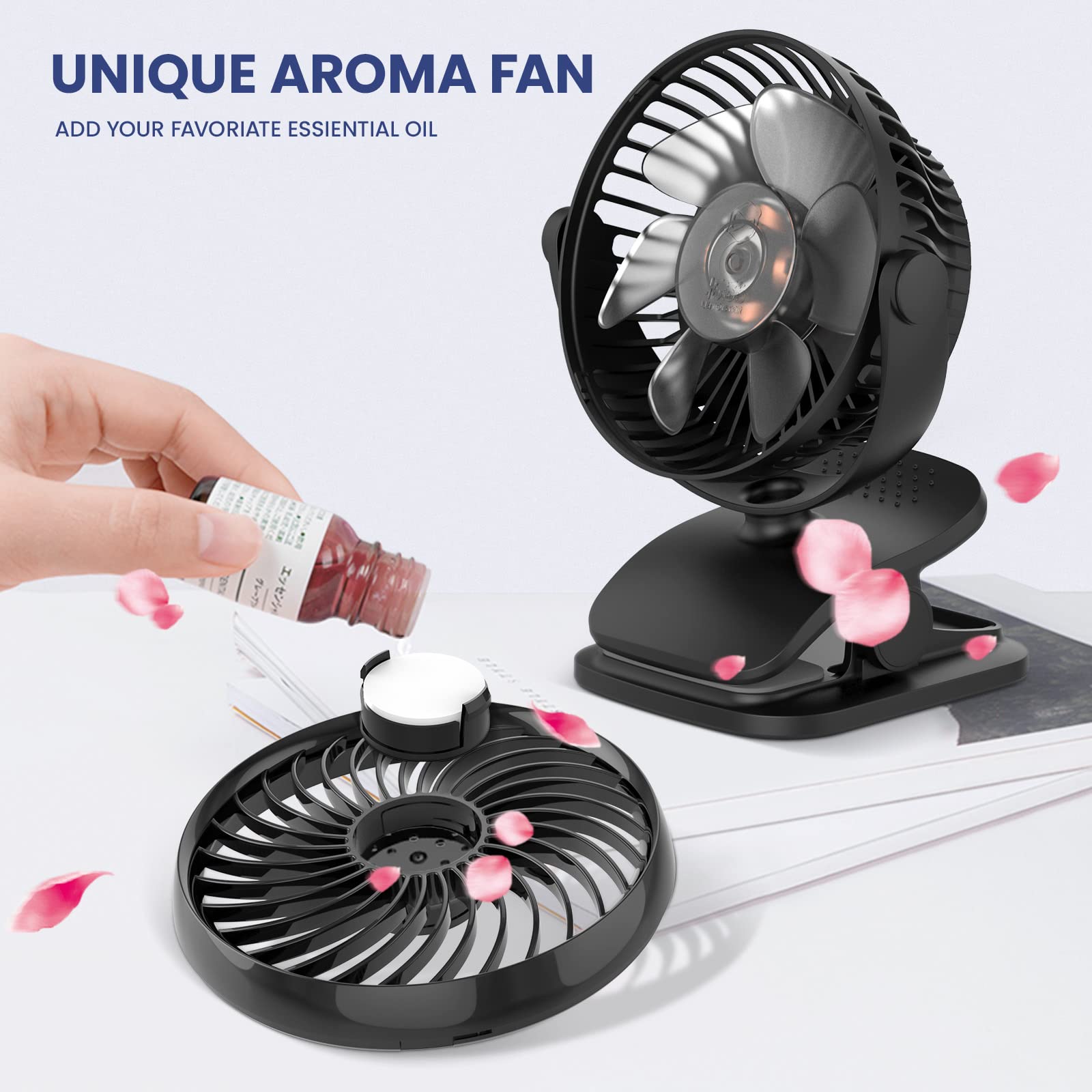 Shinebella AA Battery Powered Clip on Fan with 4-Speed, 5’’ Small Desk Fan with Aroma Function, USB Powered, 360°Rotation, Ultra Quiet, for Golf Cart, Stroller, Bedroom,Car(Batteries Not Included)