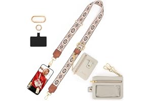 LOUXIFENG Clip and Go Strap for Phone with Wallet Cell Phone Lanyard for Phones Case Cross Body Phone String with Zipper Leather Pouch Patterned Straps White