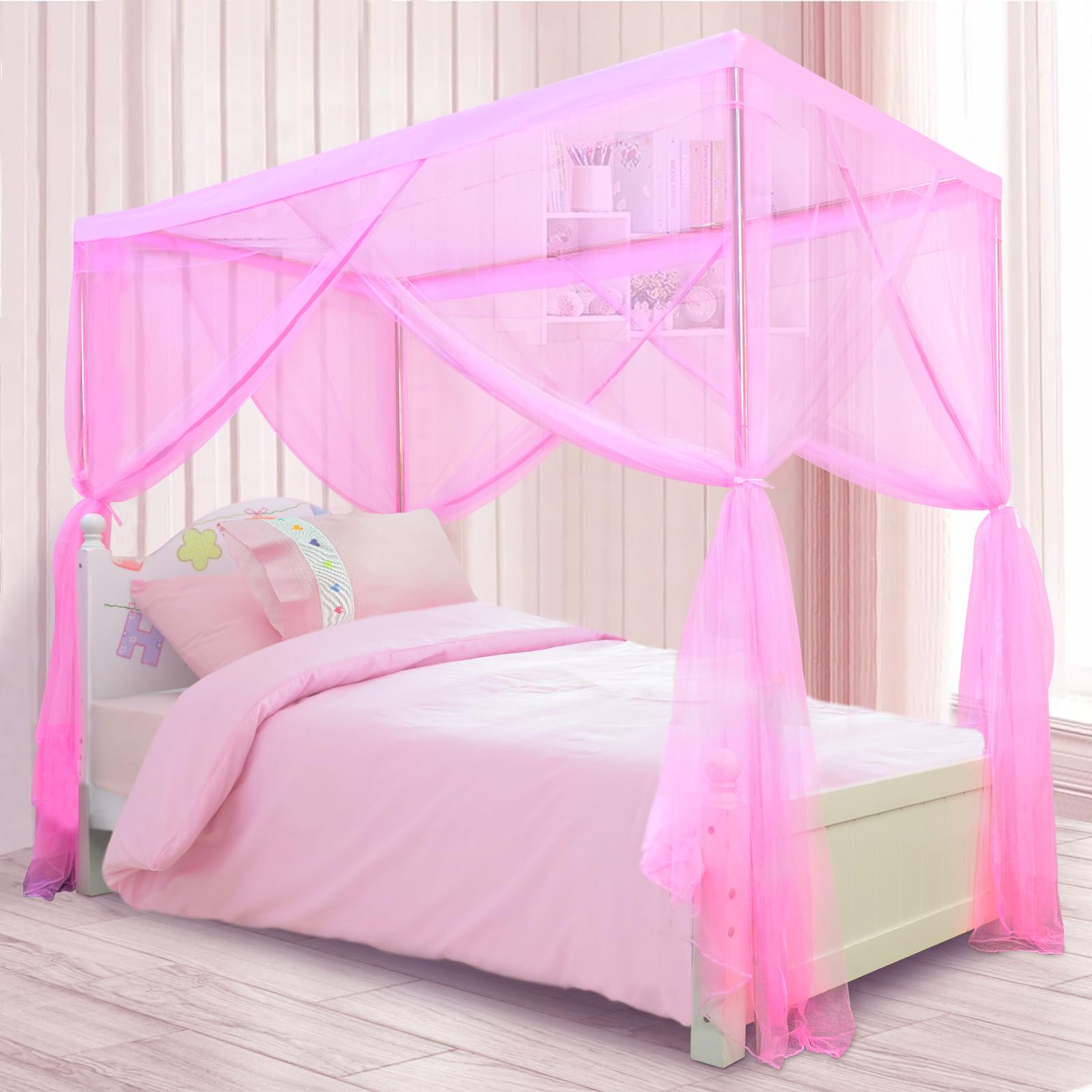 South To East Princess Canopy Bed Curtains, Kids Bed Canopy for Girls 4 Post Bed Curtains Princess Bed Decor for Girls Room Twin Size Pink, 79" * 39" * 75"