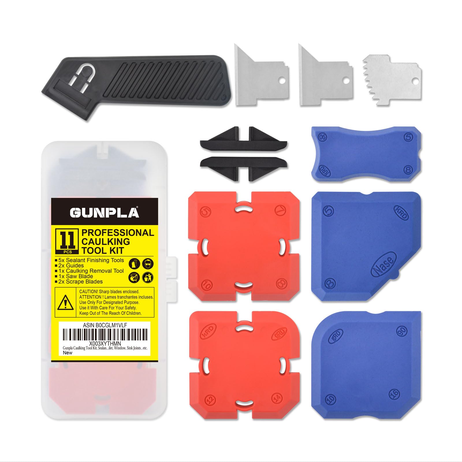 Gunpla Caulking Tool Kit, Sealant Trimming Tool 11 Piece Set with Stainless Steel Caulk Remover Scraper and Silicone Guide for Kitchen, Bathroom, Toilet, Window, Sink Joints, etc.