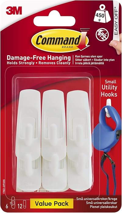 Command Small Utility Hooks White 6 Pack 12 Strips Damage Free Hanging 450g
