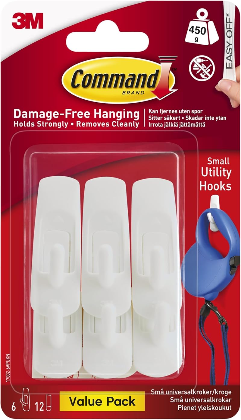 Command Small Utility Hooks White 6 Pack 12 Strips Damage Free Hanging 450g