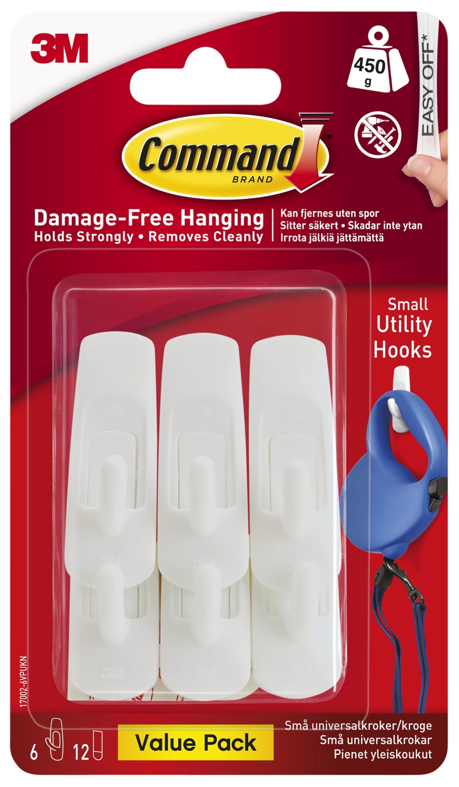 Command Small Utility Hook, Pack of 6 Hooks and 12 Adhesive Strips, White - Damage Free Hanging - Holds up to 450g