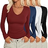 Velvelhall 4 Pack Women's Long Sleeve Shirts Tight V Neck Slim Fitted Tops Stretchy Casual Basic T Shirts Layering Tees 2026