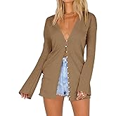 Saodimallsu Women Deep V Neck Cardigan Lightweight Button Down Long Sleeve Loose Open Front Knit Summer Shirts Khaki, Large