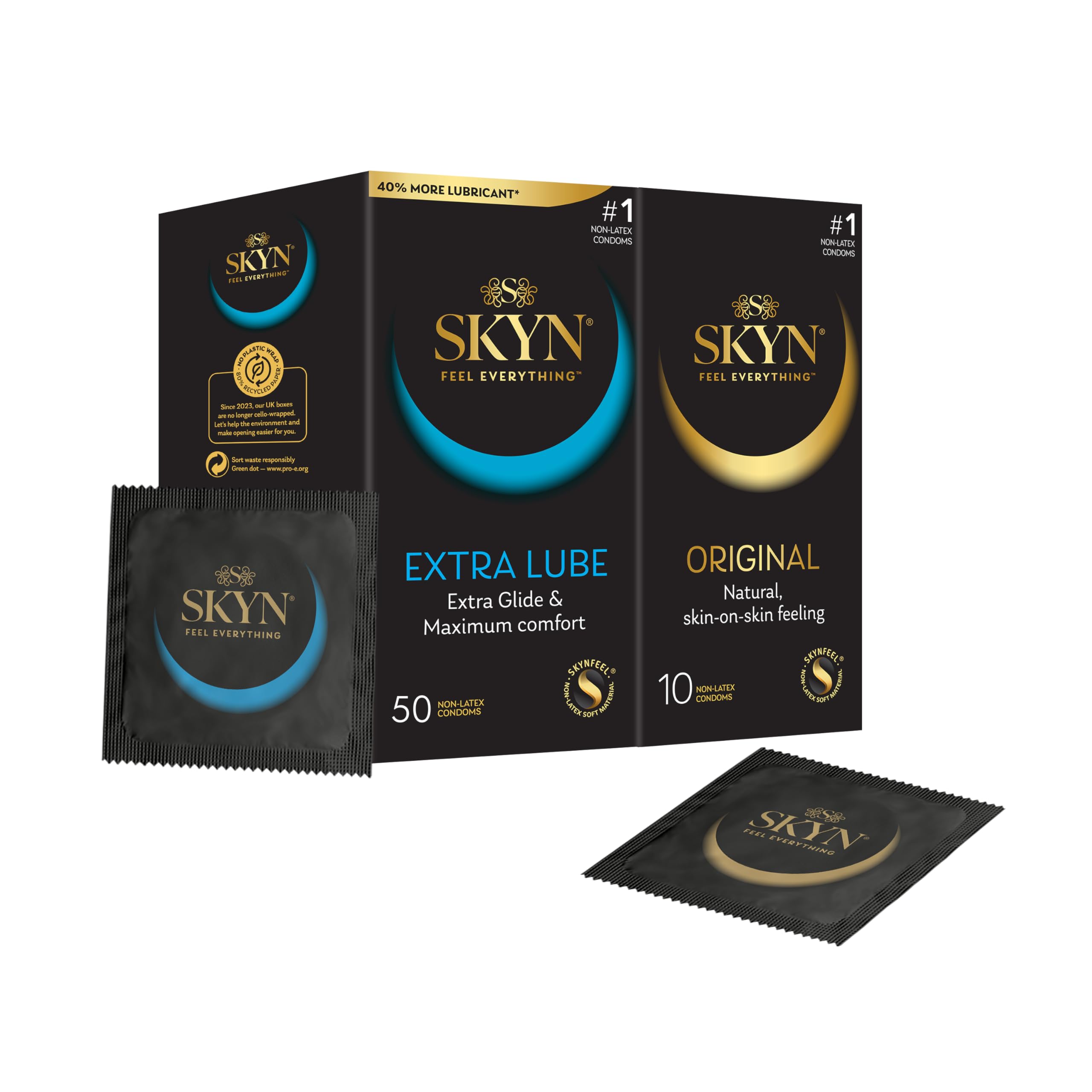 SKYN Extra Lube Condoms Pack of 50 & Original Condoms Pack of 10 / Skynfeel Latex Free for Men, Regular Size, Extra Lubricated, Thin, Smooth Straight Shape — image 1
