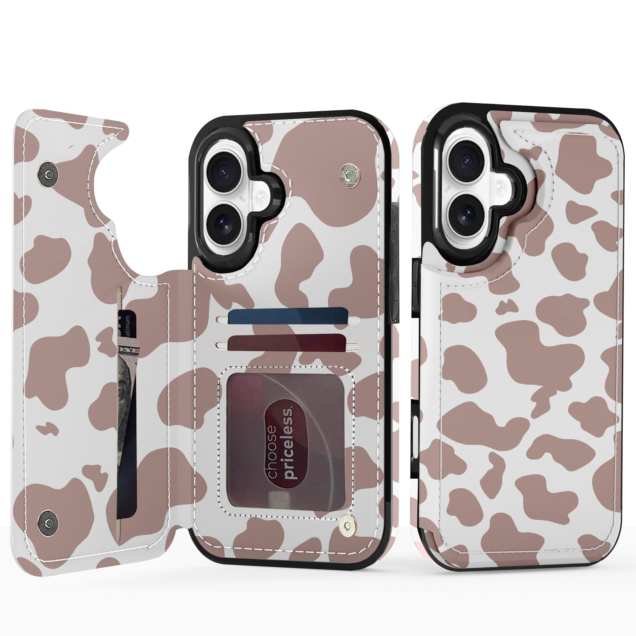 TopPerfekt for iPhone 17 Wallet Case with Card Holder, Military-Grade Drop Protection, Flip PU Leather Built, Double Magnetic Clasp and Durable Shockproof for iP17 6.3 Inch Cover - Brown Cow Pattern