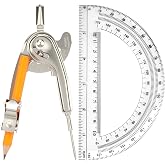 Mototo 2-PCS Geometry Tool Set, Math Compass for Geometry and 6 Inch Protractor Set Include Metal Compass with Pencil and Clear Plastic Protractor for Student Classroom Office Woodworking Art Drawing