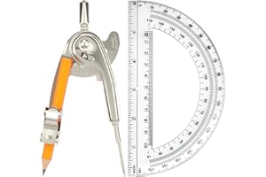 MOTOTO 2 Pack Geometry Tool Set, Math Compass for Geometry and 6 Inch Protractor Set Include Metal Compass with Pencil and Clear Plastic Protractor for Student Classroom Office Woodworking Art Drawing