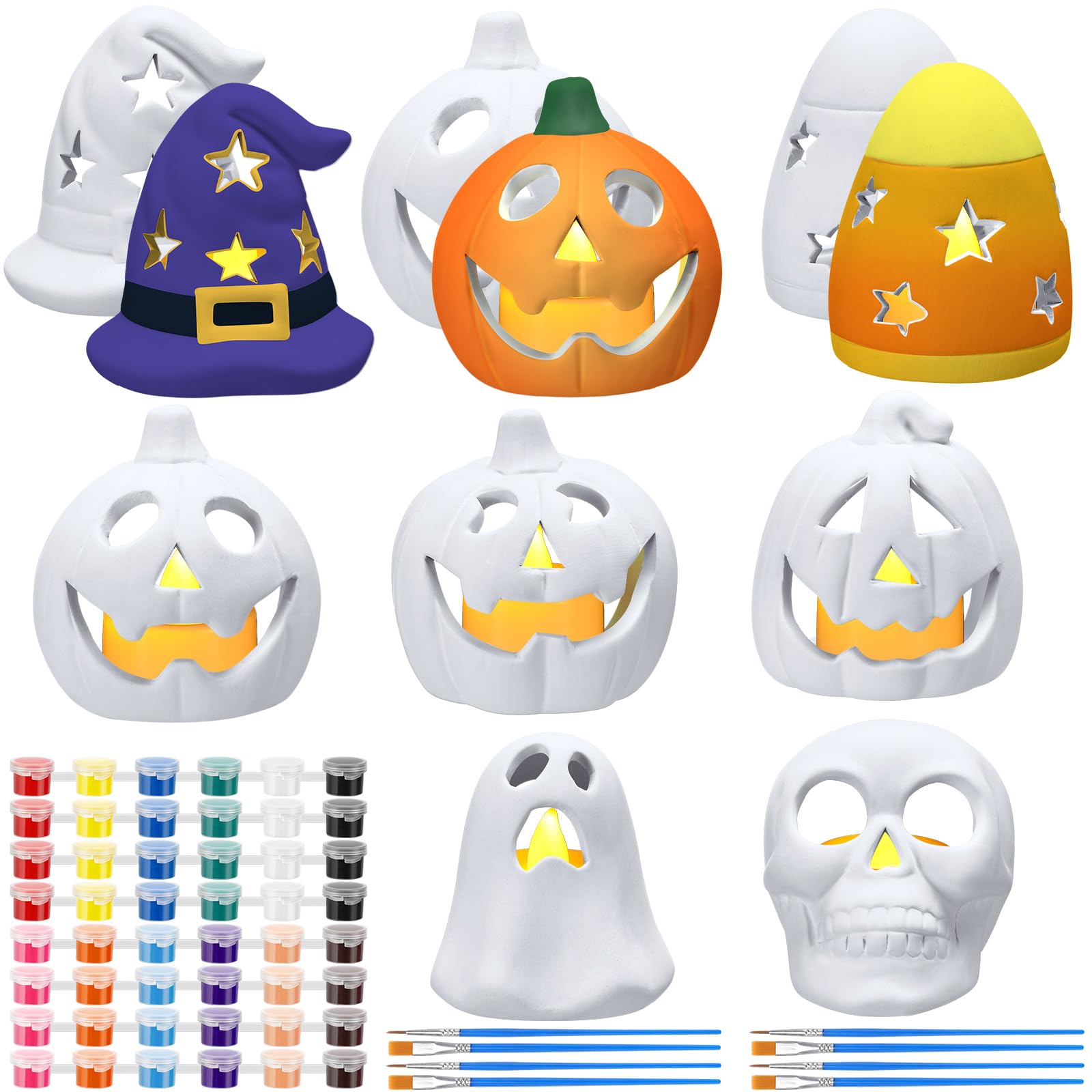 Photo 1 of RimCereal 8 Set DIY Ceramic Halloween Lanterns Figurines Paint Craft Kit Unpainted Ceramics Pumpkins Skull Ghost Witch Hat Candy Corn Ready to Paint for Classroom Art Project Halloween Party Decor