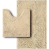 Flotstiga Bathroom Rugs Sets 2 Piece,Super Absorbent Soft,Thick,Machine Washable Chenille Bath Mat,Non Slip Toilet Floor Rug,Bath Mats for Bathroom,20x32 Plus 20x20 U Shape,Beige