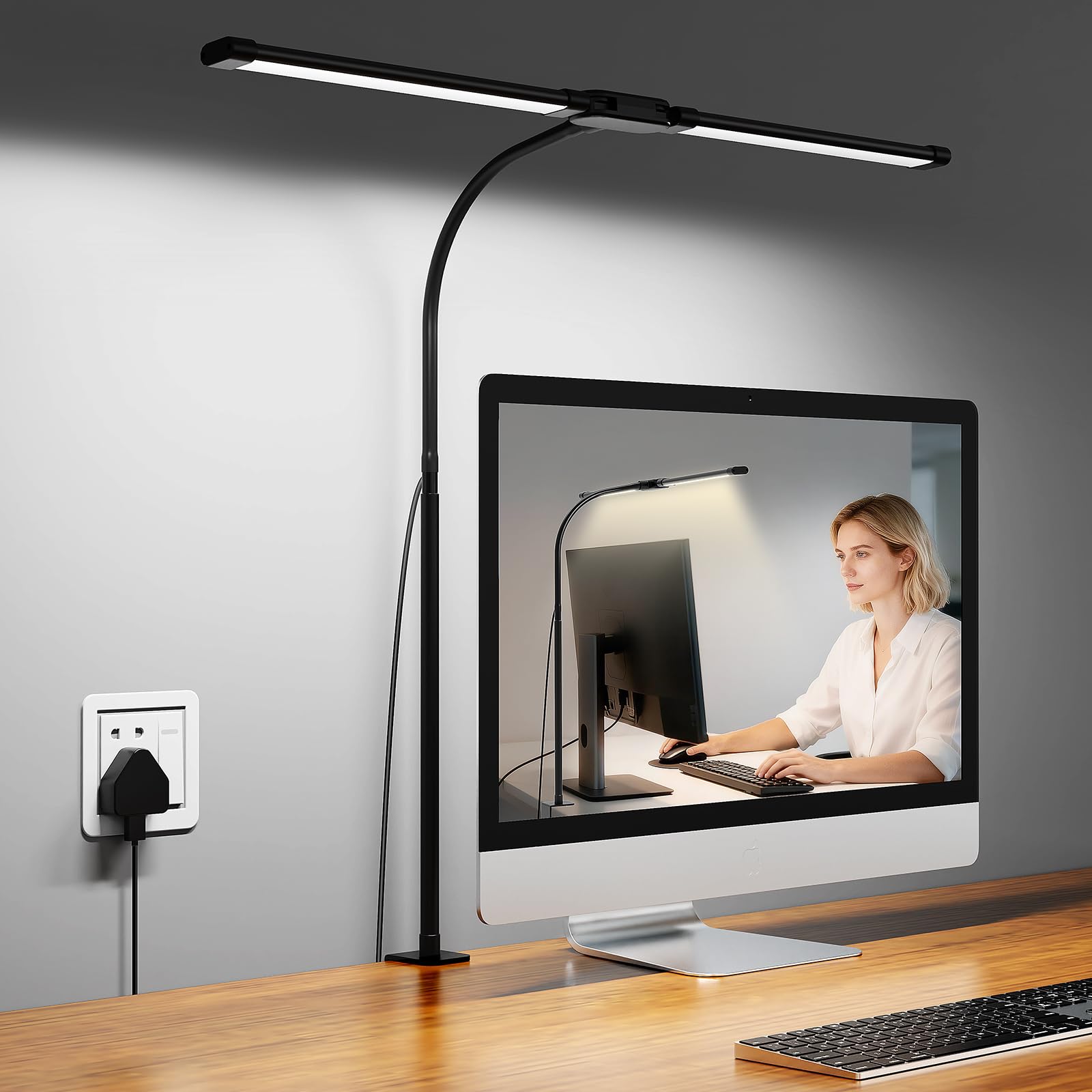 Woputne Desk Lamp with Clamp, Super Wide & Bright, 5 Color Modes x 10 Brightness Levels, 960LM, 5V 2A Adapter, Table Light, Flexible Dual Head Monitor Light for Office, Study, Crafts & Drawing, Black