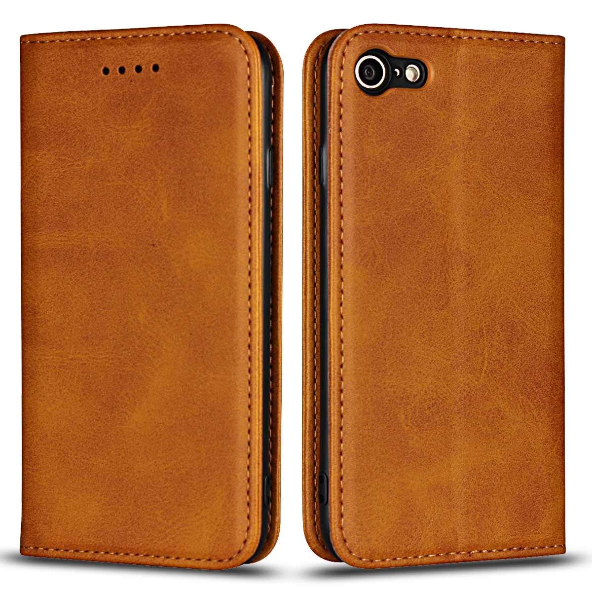 DENDICO Classic Leather Wallet Case Flip Notebook Style Cover with Magnetic Closure, Card Holders, Stand Feature - Light Brown for iPhone SE 2022 / 2020 / 8 / 7