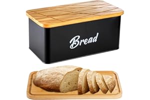 Lyellfe Farmhouse Metal Bread Box, Black Bread Storage Container with Cutting Board Lid, Vintage Retro Bread Keeper Bin for B