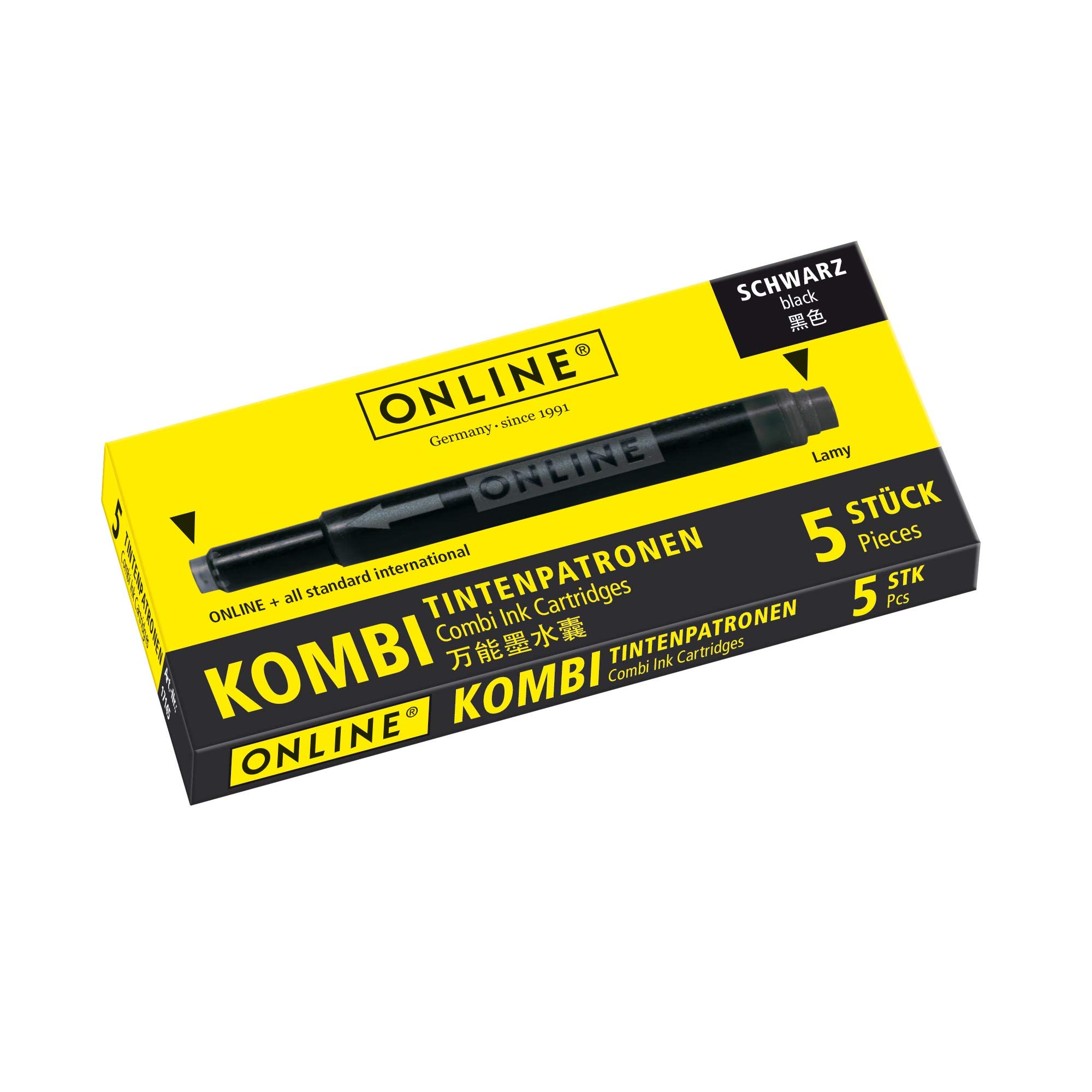 Online double-sided pen ink cartridges, universal pen refills, compatible with all common fountain pens, even Lamy pens - 5 spare cartridges - colour black, 17306/12
