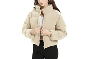 Flygo Womens Cropped Corduroy Puffer Jacket Winter Jackets Warm Long Sleeve Zip Quilted Down Puffer coat