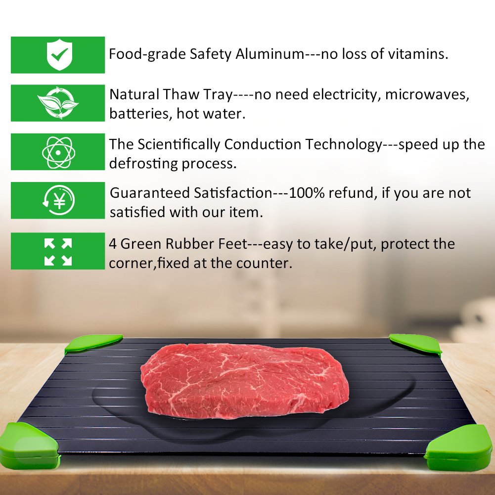 Rapid Defrosting Tray For Fast Thawing Meat Or Frozen Food-Safety, Economic, No Electricity, No Lost Food Flavors, With Green Silicone Border