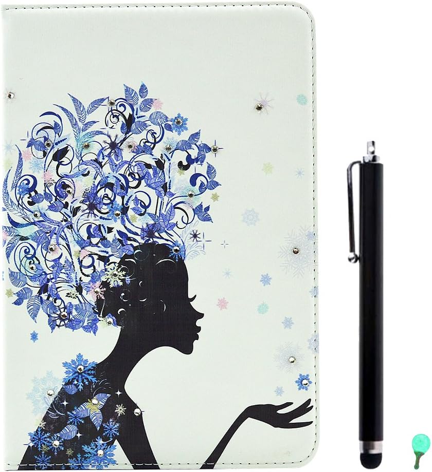 PU Leather Case for Samsung Galaxy Tab A 8.0 SM-T350, Aohro Bling Glitter Beautiful Flowers Series Diamond Folio Flip Stand Cover + Stylus Pen + Dust Plug - Blue Flower Fairy