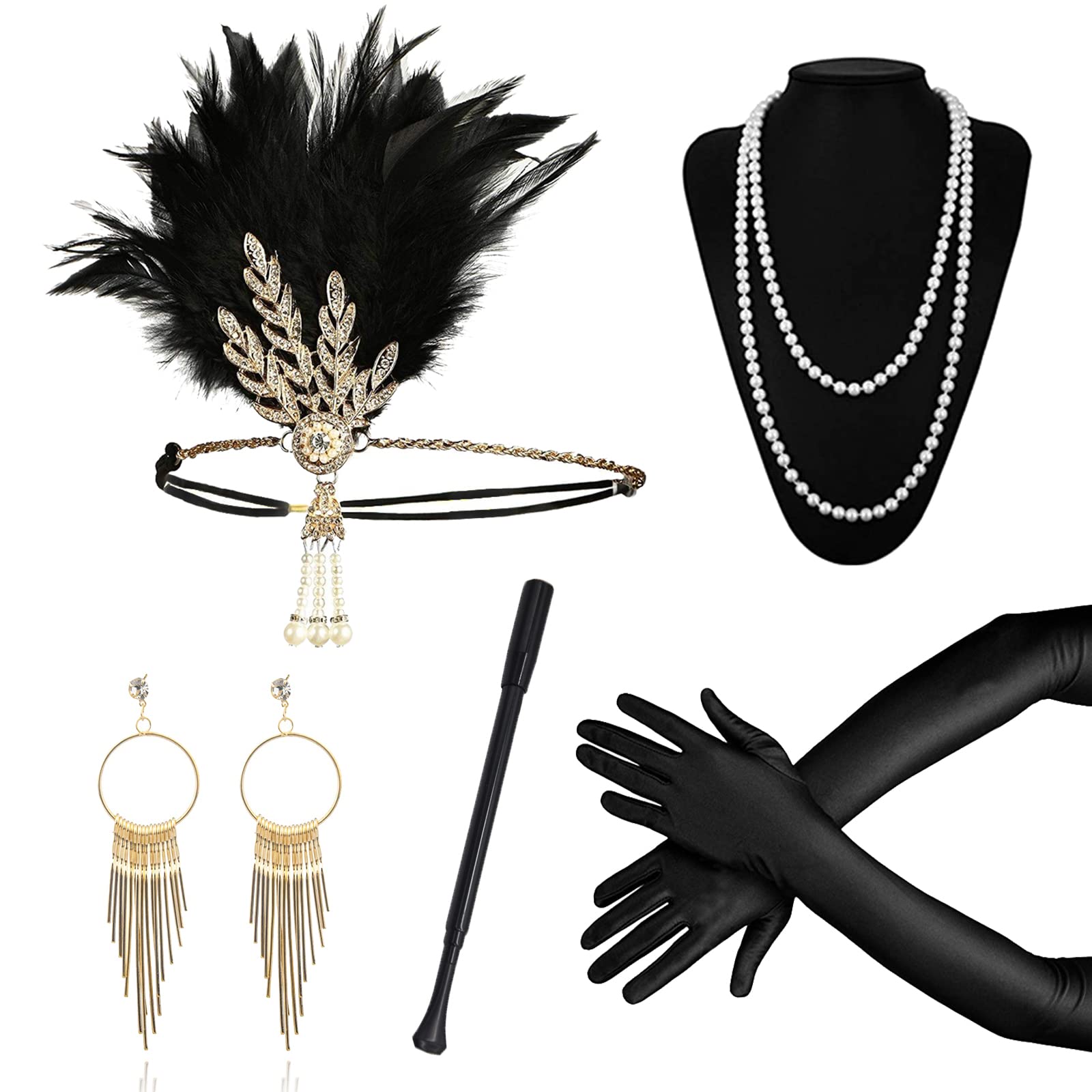 Grantop 1920 Accessories Set, 5pcs Great Gatsby Accessories with Headband Earrings Pearl Necklace Gloves Handheld Props, 1920s Flapper Costume Vintage Accessories for Women Girl